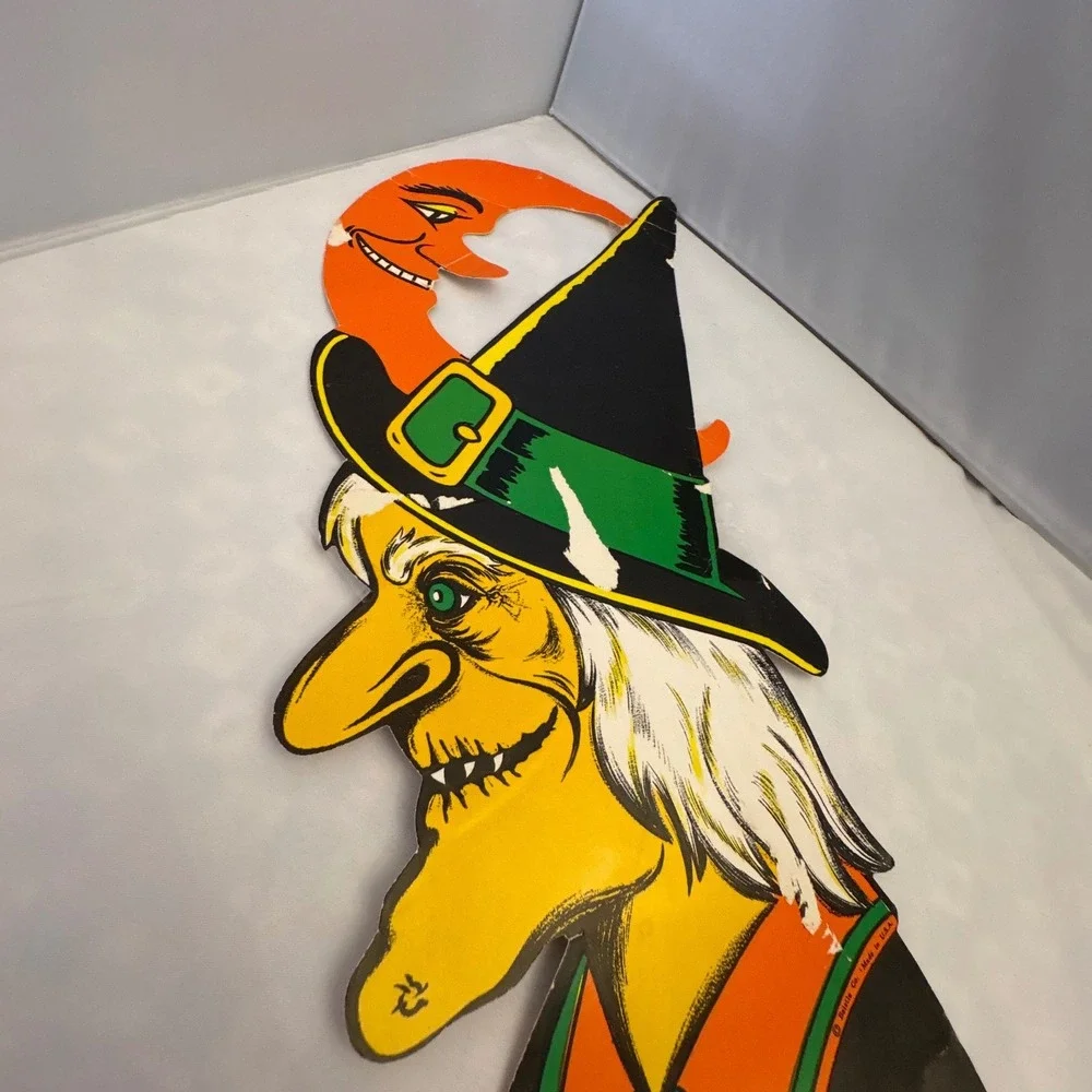 Vintage Beistle Halloween Witch Moon Decoration Die‎ Cut USA Spooky Decor *read